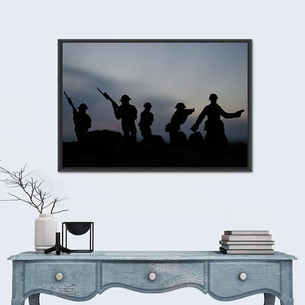 Soldiers Fighting Silhouettes Canvas Wall Art-1 Piece-Floating Frame-24" x 16"-Tiaracle
