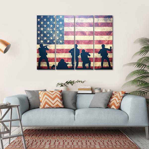 Soldiers In Assault On Grunge USA Flag Canvas Wall Art-4 Horizontal-Gallery Wrap-34" x 24"-Tiaracle