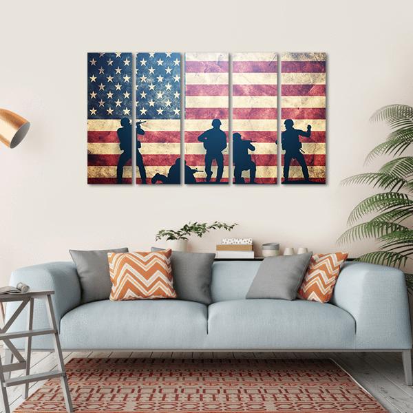 Soldiers In Assault On Grunge USA Flag Canvas Wall Art-5 Horizontal-Gallery Wrap-22" x 12"-Tiaracle