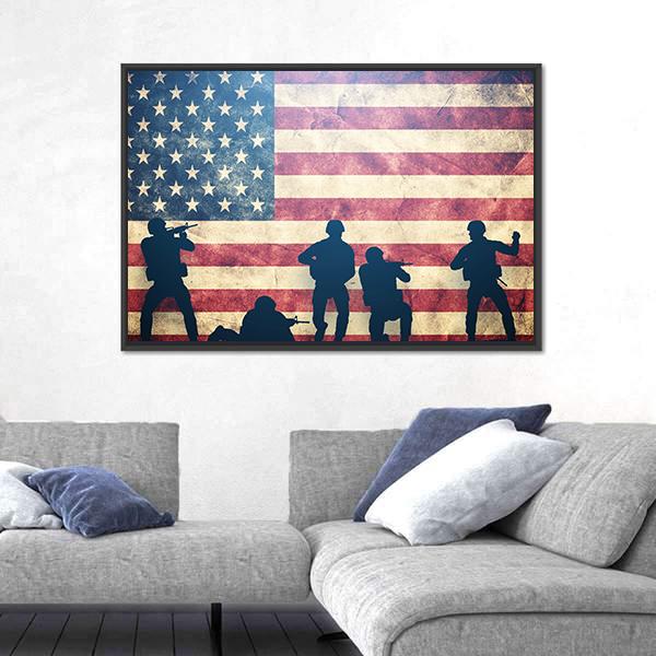 Soldiers In Assault On Grunge USA Flag Panoramic Canvas Wall Art-1 Piece-36" x 12"-Tiaracle