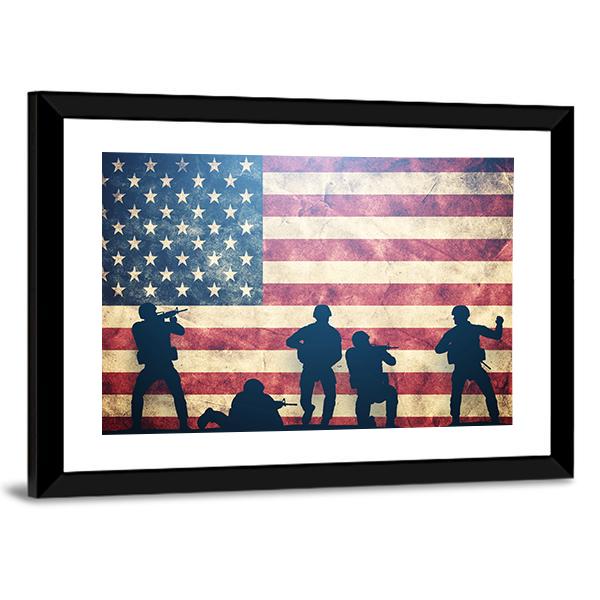 Soldiers In Assault On Grunge USA Flag Panoramic Canvas Wall Art-1 Piece-36" x 12"-Tiaracle