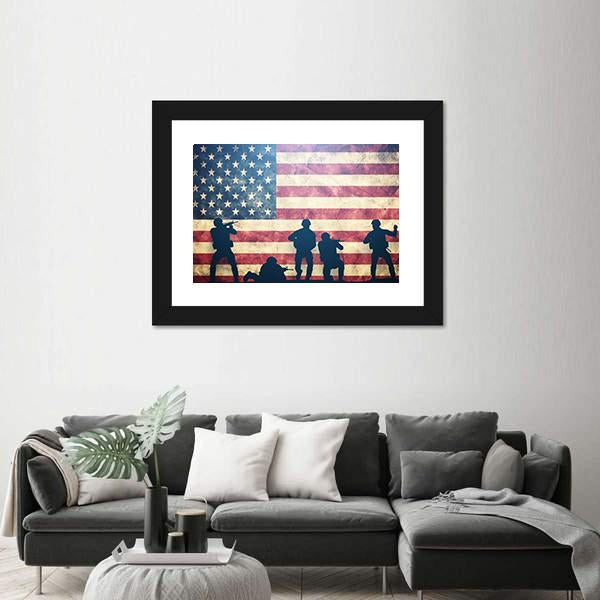 Soldiers In Assault On Grunge USA Flag Panoramic Canvas Wall Art-1 Piece-36" x 12"-Tiaracle