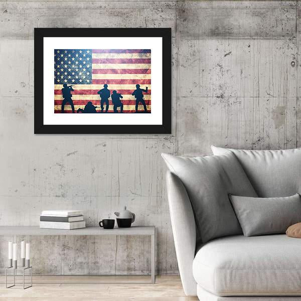 Soldiers In Assault On Grunge USA Flag Panoramic Canvas Wall Art-1 Piece-36" x 12"-Tiaracle