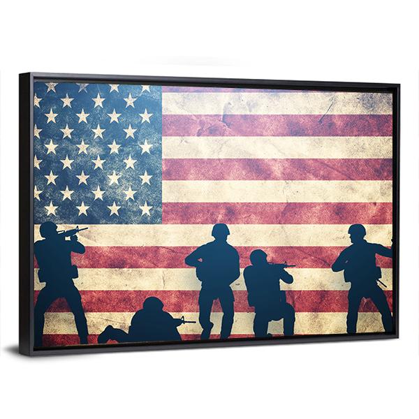 Soldiers In Assault On Grunge USA Flag Panoramic Canvas Wall Art-1 Piece-36" x 12"-Tiaracle