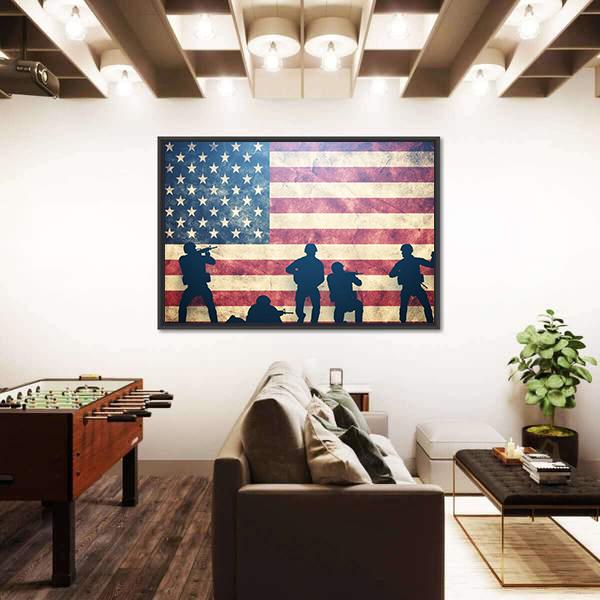 Soldiers In Assault On Grunge USA Flag Panoramic Canvas Wall Art-1 Piece-36" x 12"-Tiaracle