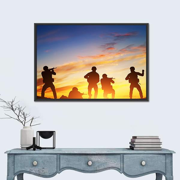 Soldiers In Assault Shooting Canvas Wall Art-1 Piece-Floating Frame-24" x 16"-Tiaracle