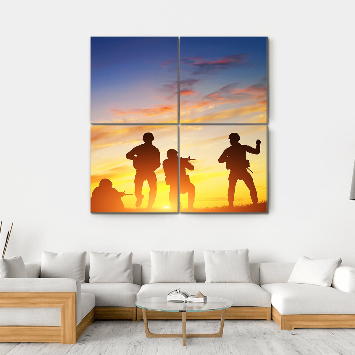 Soldiers In Assault Shooting Canvas Wall Art-4 Square-Gallery Wrap-17" x 17"-Tiaracle