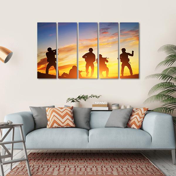 Soldiers In Assault Shooting Canvas Wall Art-5 Horizontal-Gallery Wrap-22" x 12"-Tiaracle