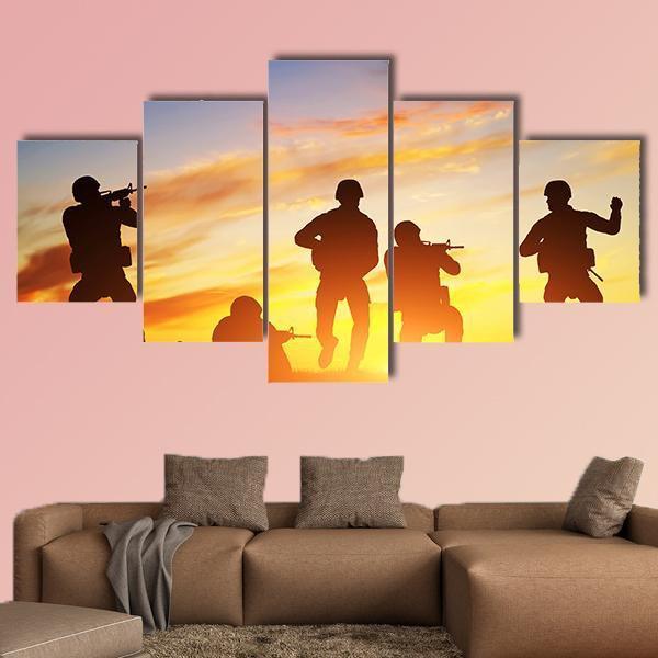Soldiers In Assault Shooting Canvas Wall Art-5 Star-Gallery Wrap-62" x 32"-Tiaracle