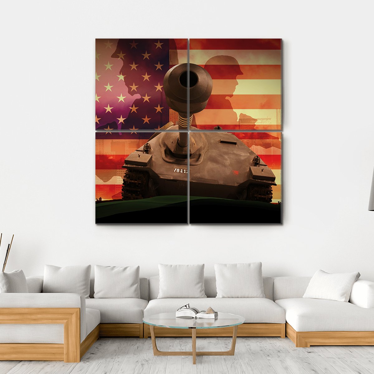 Soldiers In War With Tank Canvas Wall Art-4 Square-Gallery Wrap-17" x 17"-Tiaracle