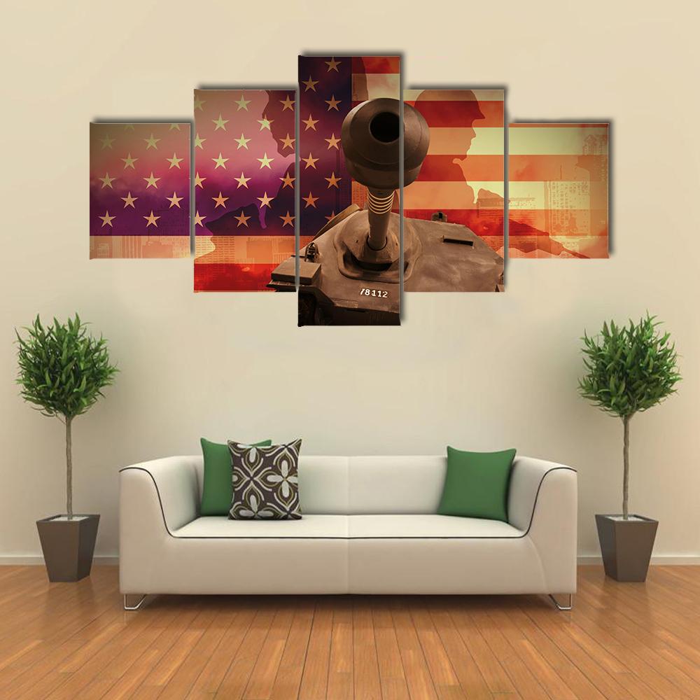 Soldiers In War With Tank Canvas Wall Art-5 Star-Gallery Wrap-42" x 21"-Tiaracle