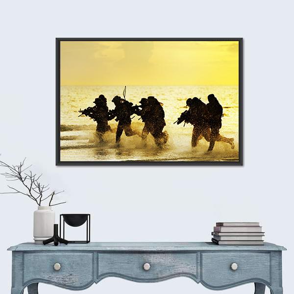 Soldiers Run In Army Uniform Canvas Wall Art-1 Piece-Floating Frame-24" x 16"-Tiaracle