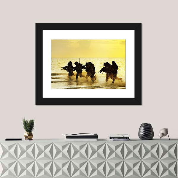 Soldiers Run In Army Uniform Canvas Wall Art-1 Piece-Framed Print-20" x 16"-Tiaracle