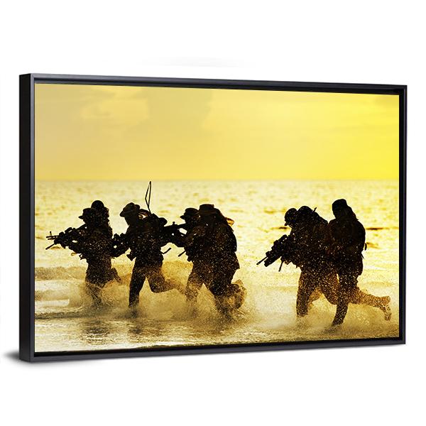 Soldiers Run In Army Uniform Canvas Wall Art-3 Horizontal-Gallery Wrap-25" x 16"-Tiaracle