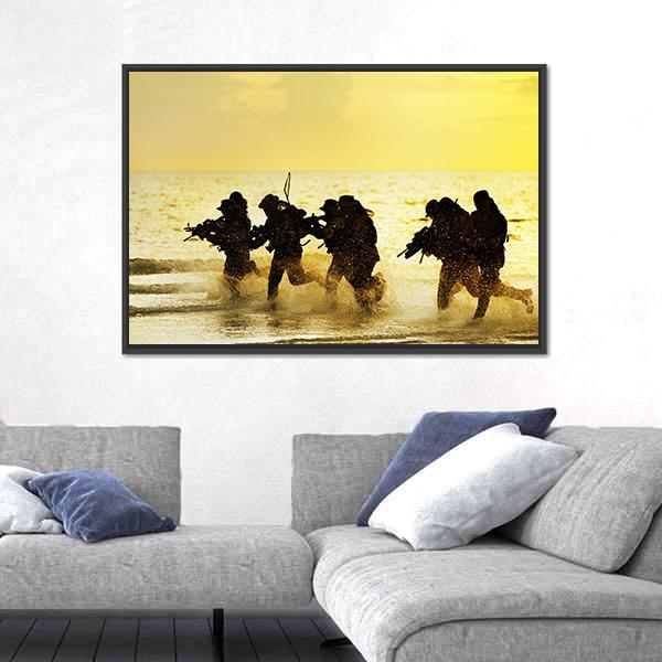 Soldiers Run In Army Uniform Canvas Wall Art-3 Horizontal-Gallery Wrap-25" x 16"-Tiaracle