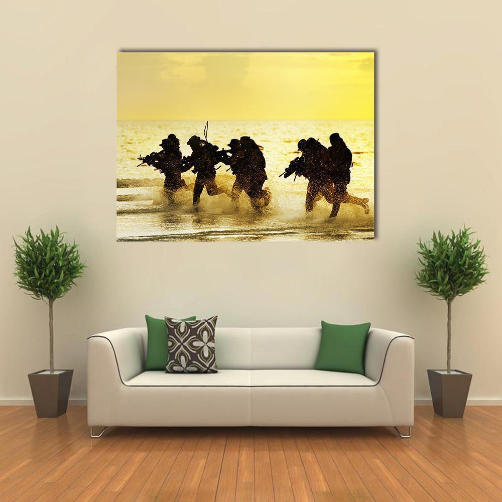 Soldiers Run In Army Uniform Canvas Wall Art-1 Piece-Gallery Wrap-48" x 32"-Tiaracle