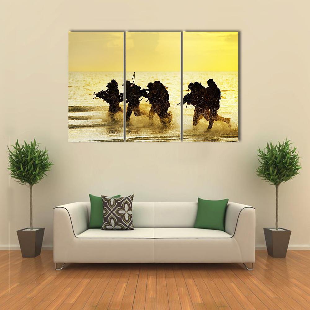 Soldiers Run In Army Uniform Canvas Wall Art-3 Horizontal-Gallery Wrap-37" x 24"-Tiaracle
