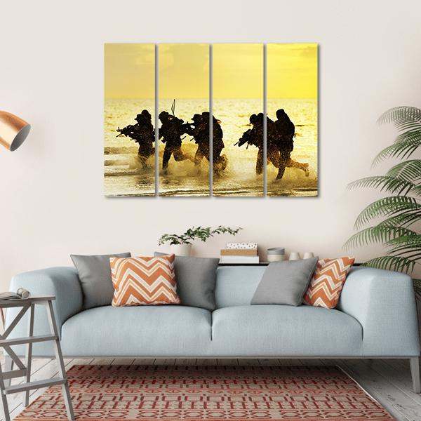 Soldiers Run In Army Uniform Canvas Wall Art-4 Horizontal-Gallery Wrap-34" x 24"-Tiaracle