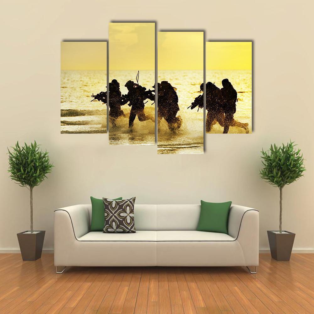 Soldiers Run In Army Uniform Canvas Wall Art-4 Pop-Gallery Wrap-50" x 32"-Tiaracle
