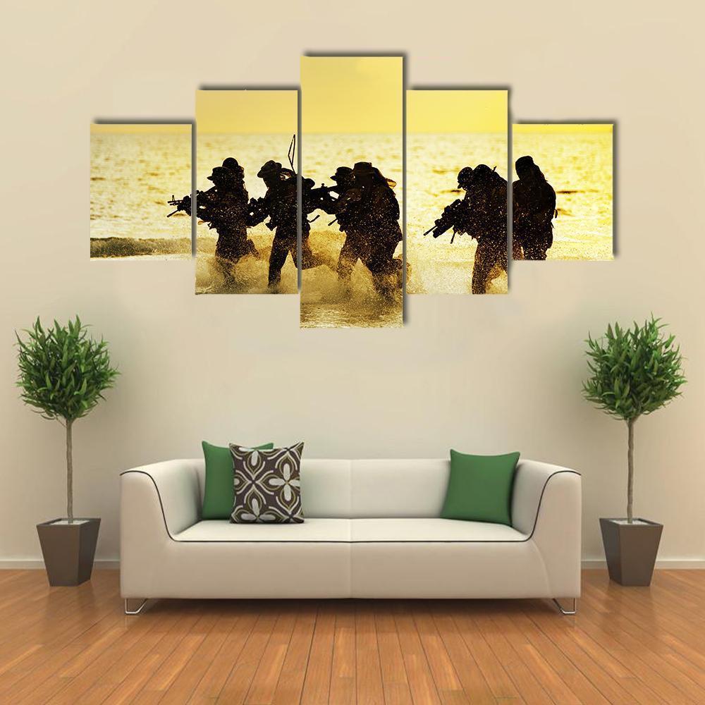Soldiers Run In Army Uniform Canvas Wall Art-4 Pop-Gallery Wrap-50" x 32"-Tiaracle