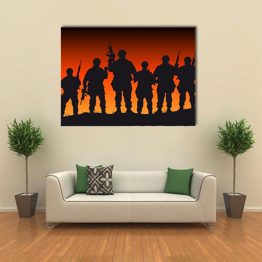 Soldiers Silhouette Against Sunset Canvas Wall Art-4 Horizontal-Gallery Wrap-34" x 24"-Tiaracle