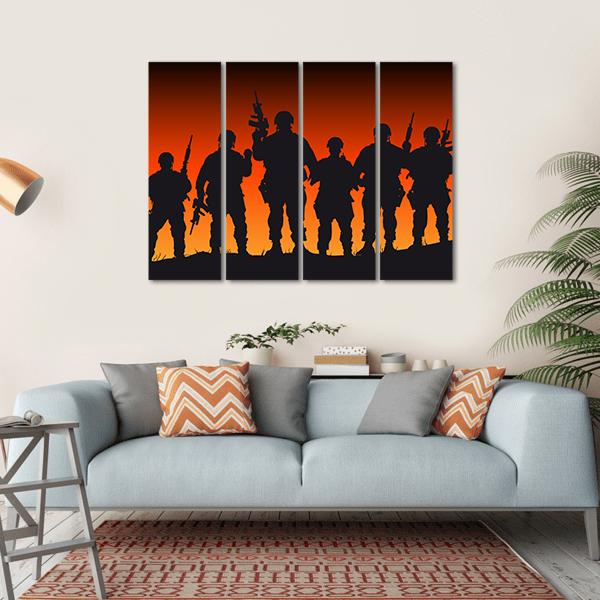 Soldiers Silhouette Against Sunset Canvas Wall Art-4 Horizontal-Gallery Wrap-34" x 24"-Tiaracle