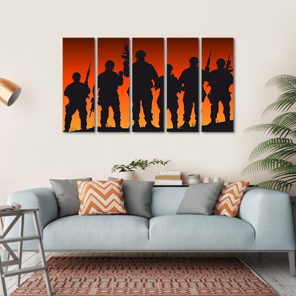Soldiers Silhouette Against Sunset Canvas Wall Art-5 Horizontal-Gallery Wrap-22" x 12"-Tiaracle