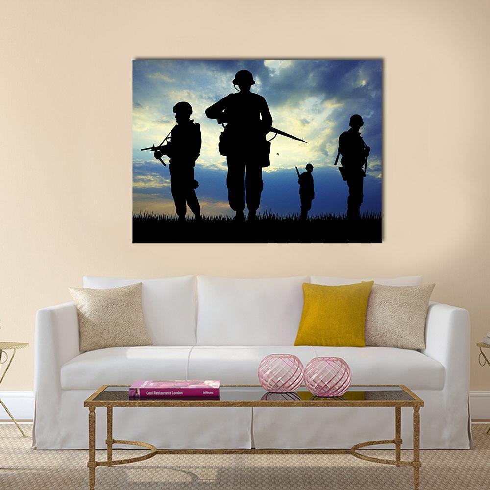 Soldiers Silhouette With Rifles Canvas Wall Art-4 Horizontal-Gallery Wrap-34" x 24"-Tiaracle