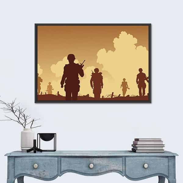 Soldiers Walking On Patrol Canvas Wall Art-1 Piece-Floating Frame-24" x 16"-Tiaracle