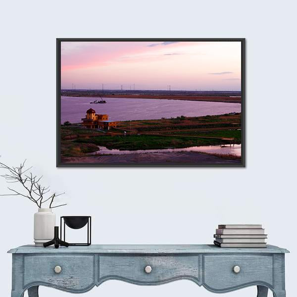 Songhua River Ship Building Clouds Sunset Canvas Wall Art-1 Piece-Floating Frame-24" x 16"-Tiaracle