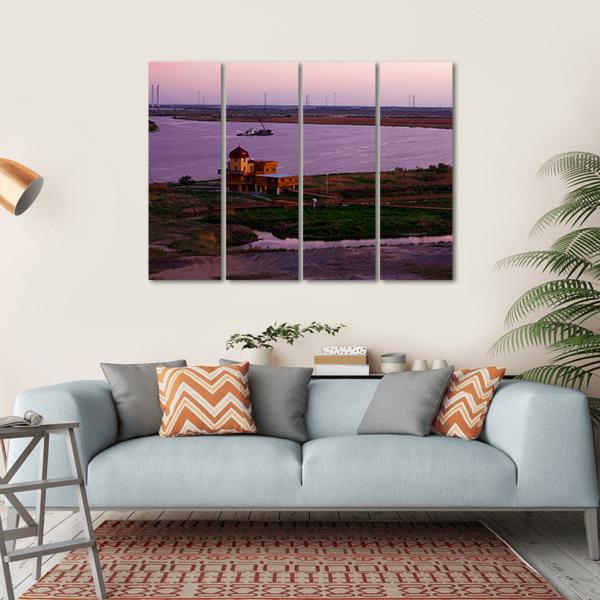 Songhua River Ship Building Clouds Sunset Canvas Wall Art-4 Horizontal-Gallery Wrap-34" x 24"-Tiaracle
