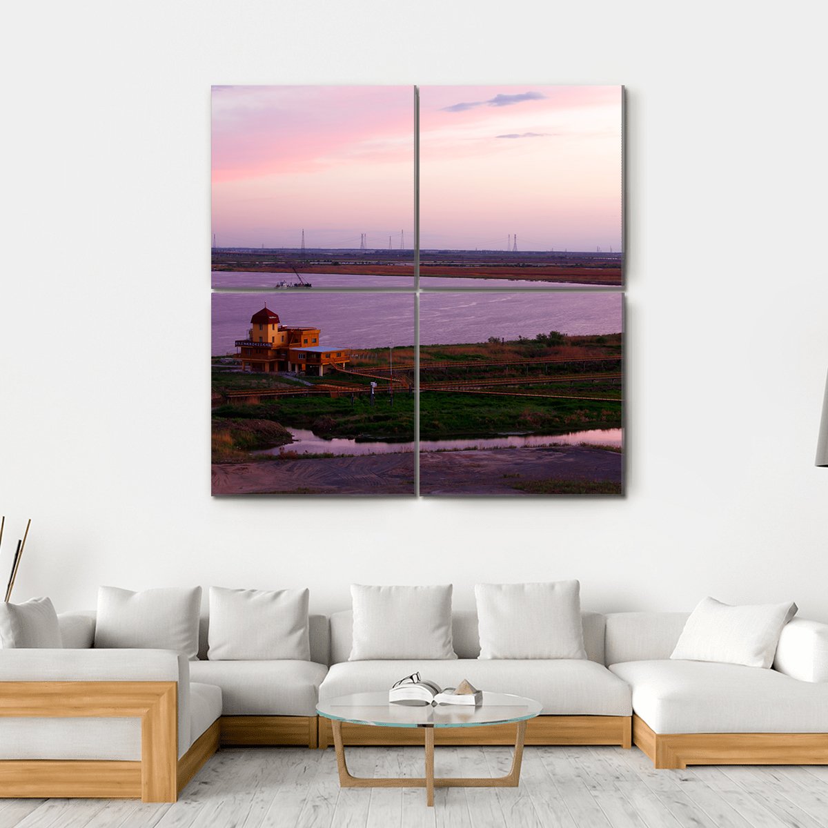 Songhua River Ship Building Clouds Sunset Canvas Wall Art-4 Square-Gallery Wrap-17" x 17"-Tiaracle