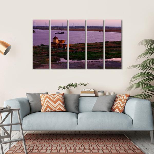 Songhua River Ship Building Clouds Sunset Canvas Wall Art-5 Horizontal-Gallery Wrap-22" x 12"-Tiaracle