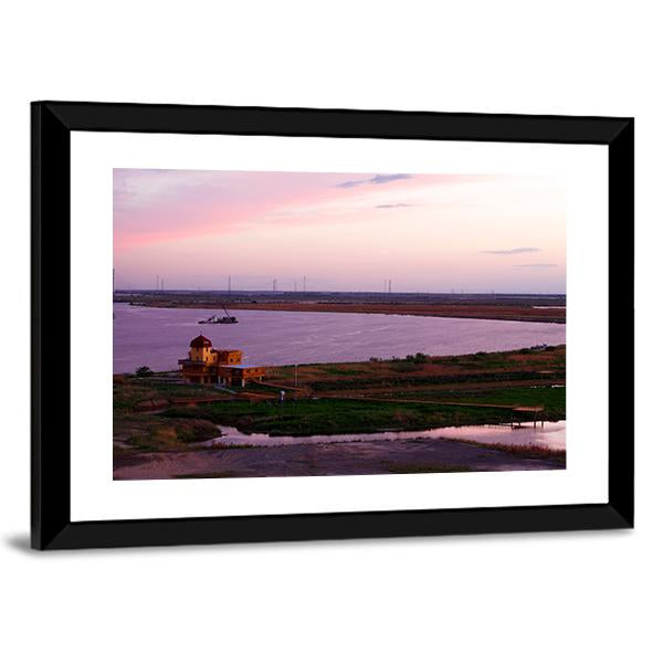 Songhua River Ship Building Clouds Sunset Canvas Wall Art-3 Horizontal-Gallery Wrap-25" x 16"-Tiaracle