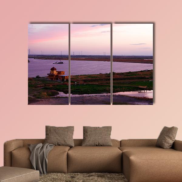 Songhua River Ship Building Clouds Sunset Canvas Wall Art-3 Horizontal-Gallery Wrap-25" x 16"-Tiaracle