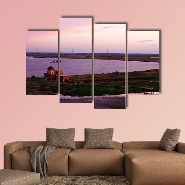 Songhua River Ship Building Clouds Sunset Canvas Wall Art-3 Horizontal-Gallery Wrap-25" x 16"-Tiaracle