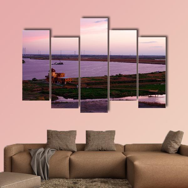 Songhua River Ship Building Clouds Sunset Canvas Wall Art-5 Pop-Gallery Wrap-47" x 32"-Tiaracle
