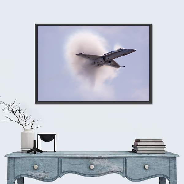 Supersonic Fighter Jet with Vapor Cone Canvas Wall Art in white, gray and blue, framed canvas, product view on a white background