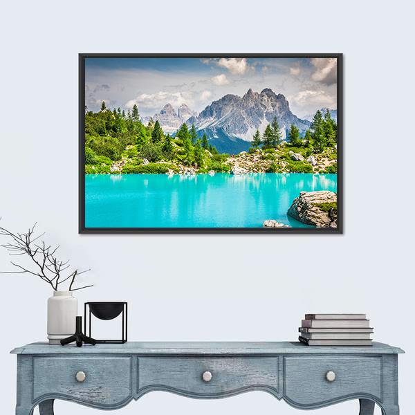 Sorapis Lake With Dolomite Mountains Canvas Wall Art-1 Piece-Floating Frame-24" x 16"-Tiaracle