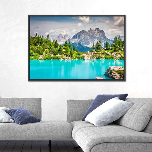 Sorapis Lake With Dolomite Mountains Canvas Wall Art-3 Horizontal-Gallery Wrap-25" x 16"-Tiaracle