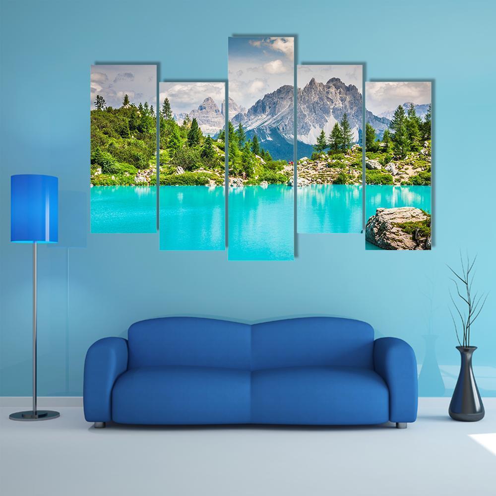 Sorapis Lake With Dolomite Mountains Canvas Wall Art-5 Pop-Gallery Wrap-47" x 32"-Tiaracle