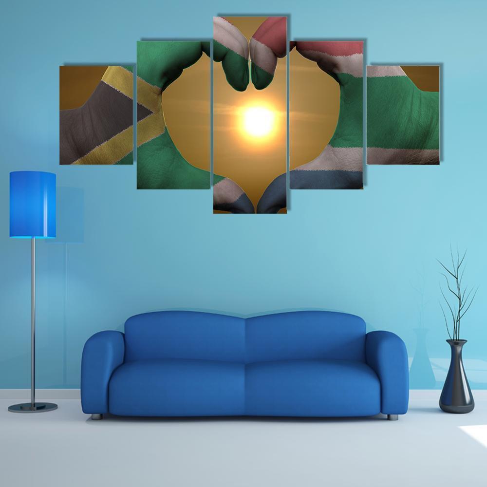 South Africa Flag On Hands Canvas Wall Art-5 Star-Gallery Wrap-62" x 32"-Tiaracle