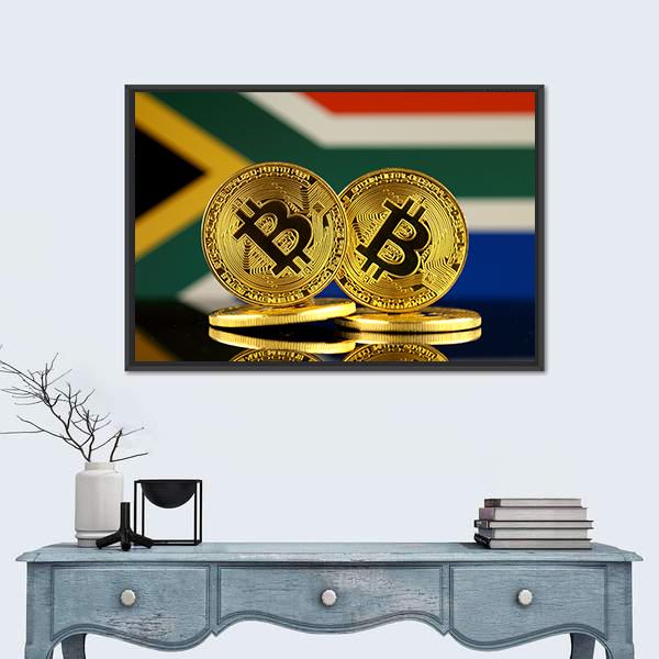 South Africa Flag With Bitcoin Canvas Wall Art-1 Piece-Floating Frame-24" x 16"-Tiaracle