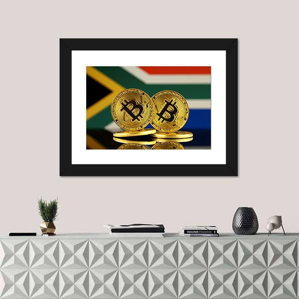 South Africa Flag With Bitcoin Canvas Wall Art-1 Piece-Framed Print-20" x 16"-Tiaracle
