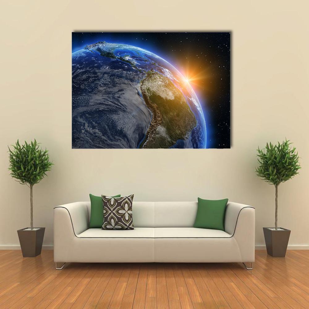 South America at Sunrise Canvas Wall Art in black, orange and blue, single panel hung on a wall
