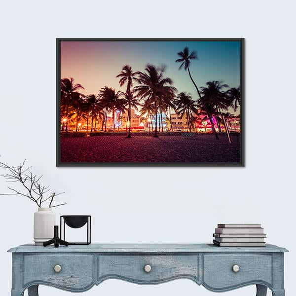 South Beach Florida Sunset with Palm Trees Canvas Wall Art in orange, purple and pink, framed canvas, product view on a white background