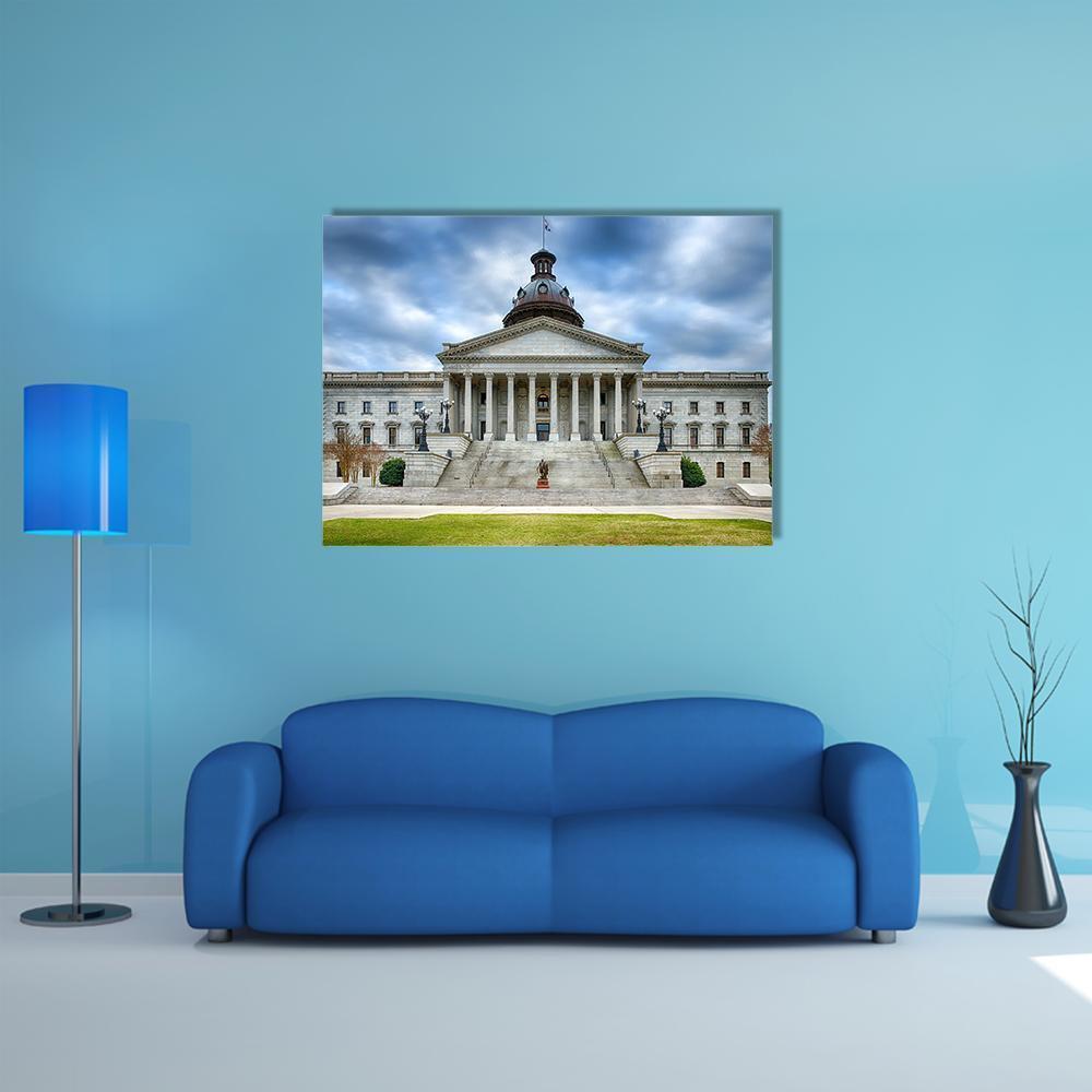 South Carolina State House Bronze Dome Canvas Wall Art in gray and blue, single panel hung on a wall
