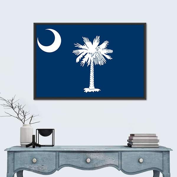 South Carolina State Flag Canvas Wall Art in white, blue and navy, framed canvas, product view on a white background