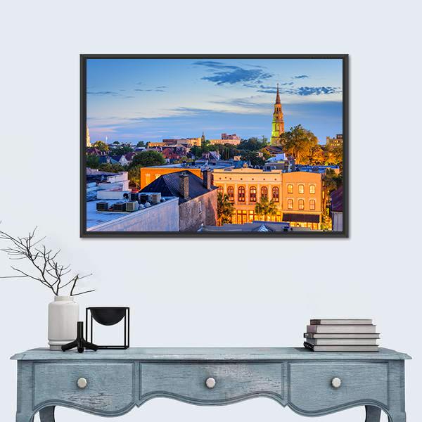 South Carolina Town Skyline Canvas Wall Art-1 Piece-Floating Frame-24" x 16"-Tiaracle