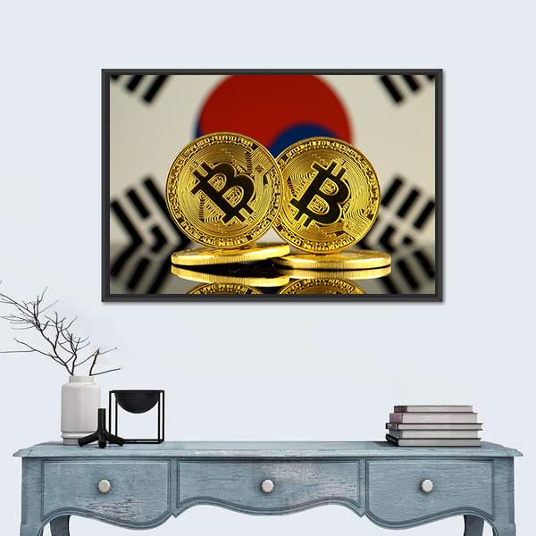 South Korea Flag With Bitcoin Canvas Wall Art-1 Piece-Floating Frame-24" x 16"-Tiaracle